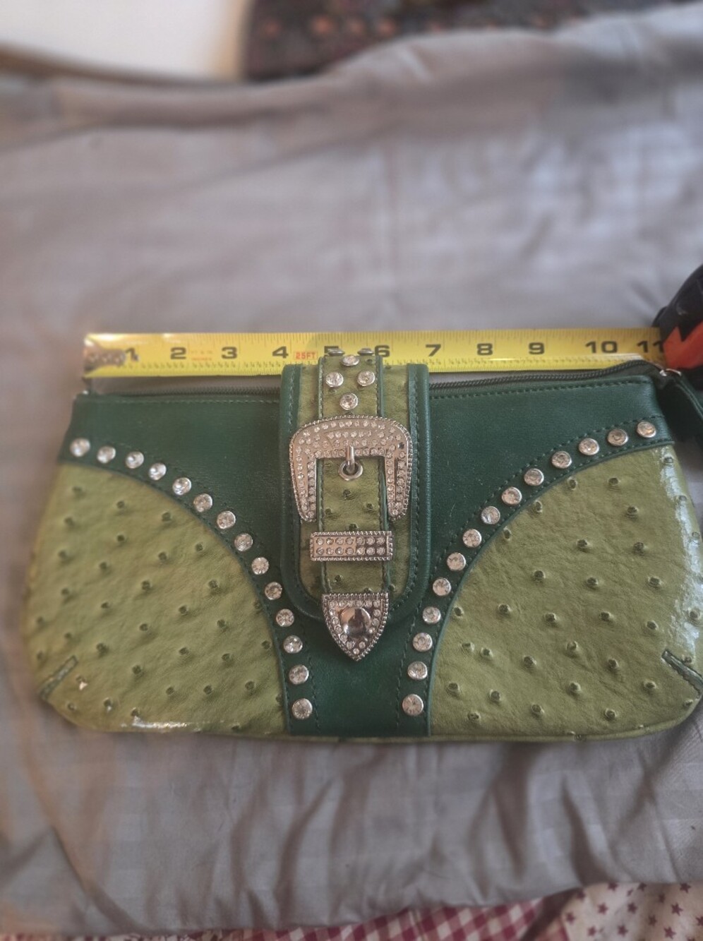 Green Ostrich-Texture Rhinestone Belted Clutch